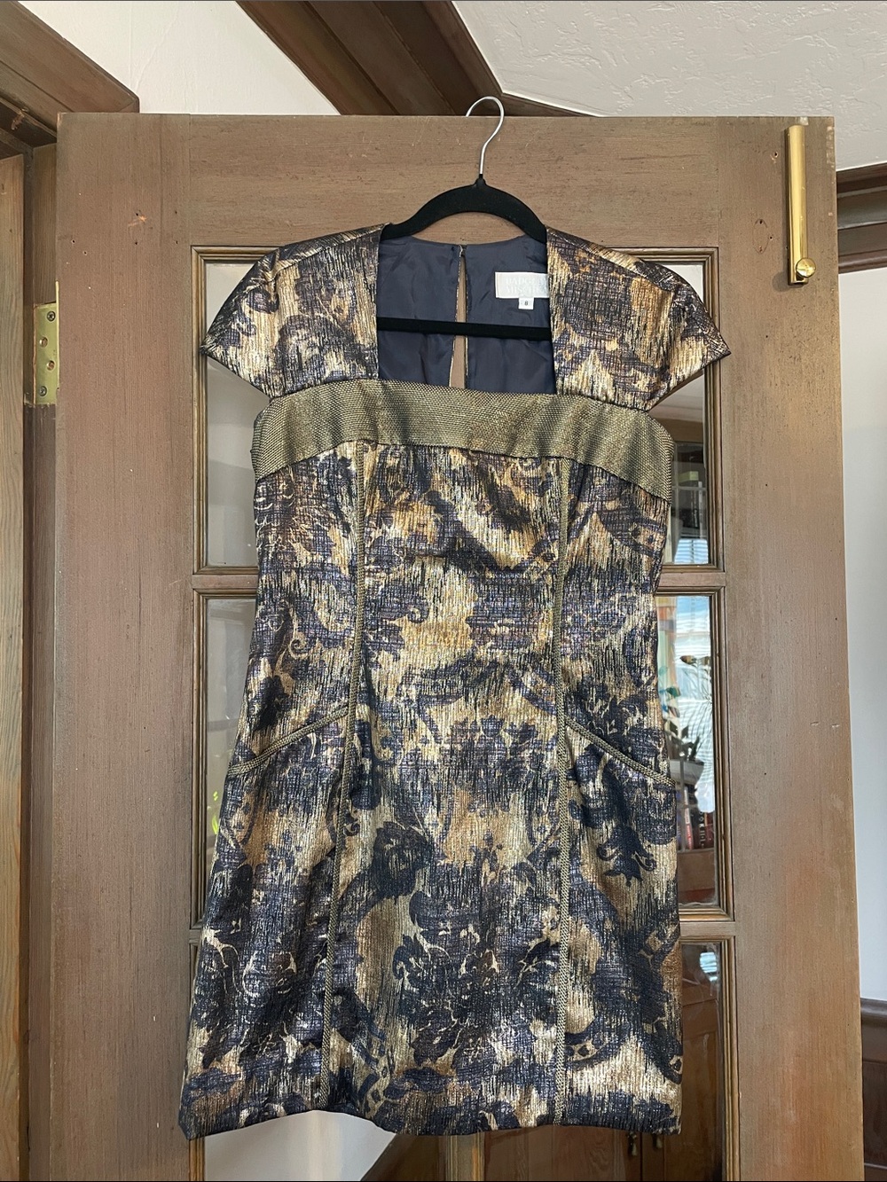 Bartley Mischa Metallic Gold and Black Brocade Cap-Sleeve Dress